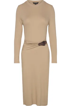 Ralph Lauren Buckle-Trim Cotton-Blend Knit Midi Dress Beige