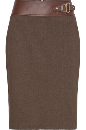 Ralph Lauren Buckle-Trim Herringb Pencil Skirt Khaki