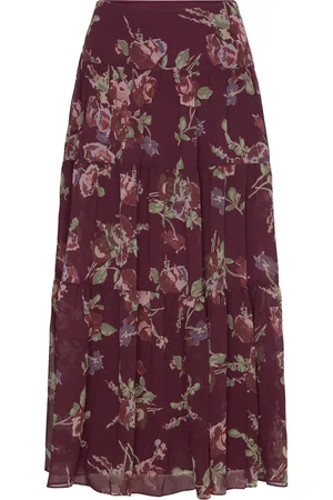 Ralph Lauren Floral Crinkle Georgette Tiered Skirt Burgundy