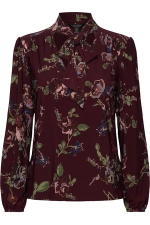 Ralph Lauren Floral Stretch Jersey Tie-Neck Top Burgundy