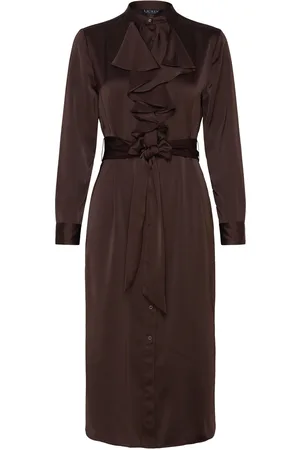 Ralph Lauren Ruffle-Trim Satin Charmeuse Shirtdress Brown