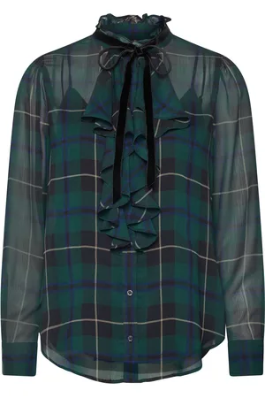 Ralph Lauren Plaid Ruffle-Trim Georgette Blouse Green