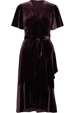 Ralph Lauren Belted Velvet Flutter-Sleeve Dress Burgundy
