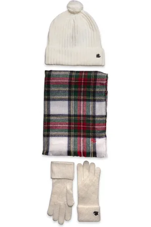 Ralph Lauren Plaid Scarf, Gloves, & Beanie Set Patterned