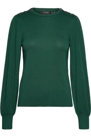 Ralph Lauren Button-Trim Puff-Sleeve Sweater Green