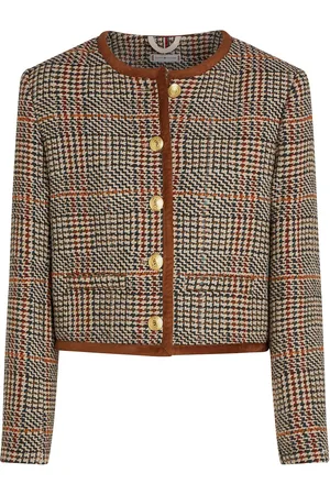 Tommy Hilfiger Tweed Wool Mix Check Crew Jacket Brown