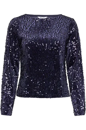 BUBBLEROOM Sequin Trumpet Sleeve Top Navy