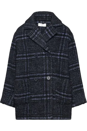 MANGO Checked Wool-Blend Coat Navy