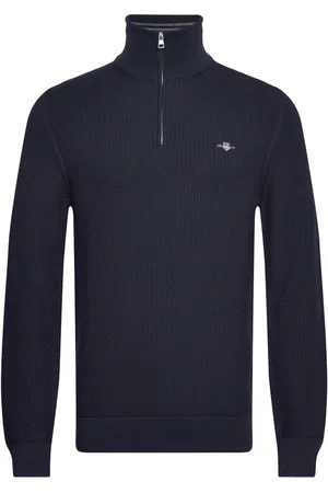 GANT Cotton Micro Textured Half Zip Navy