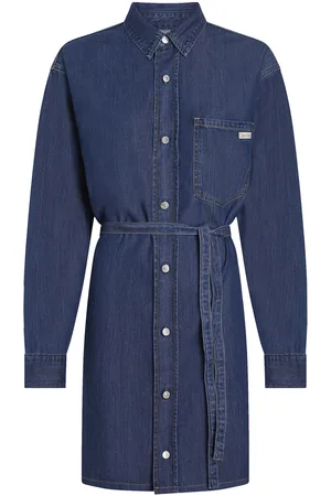Calvin Klein Lyocell Belted Denim Shirt Dress Blue