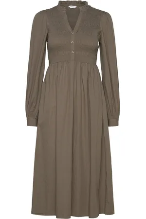 BUBBLEROOM V-Neck Cotton Smock Dress Brown