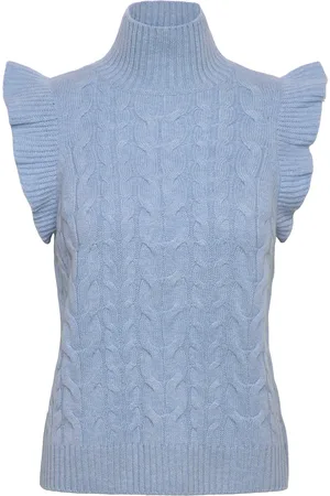 Davida Cashmere Roll Neck Frill Cable Vest Blue