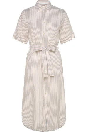 GANT Reg Linen Striped Shirt Dress Beige