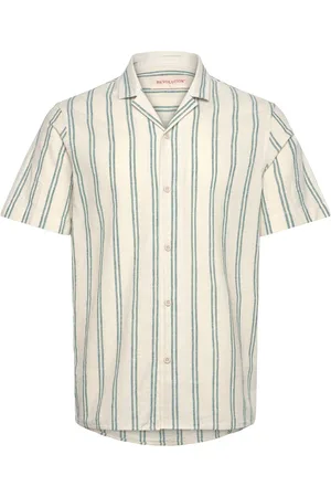 Revolution Short-Sleeved Striped Cuban Collar Shirt Beige