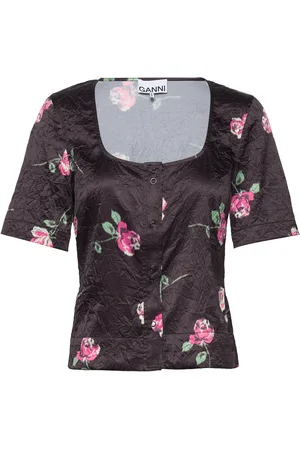 Ganni Crinkled Satin U-Neck Blouse