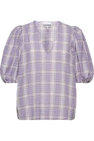 Ganni Seersucker Check V-Neck Blouse Purple