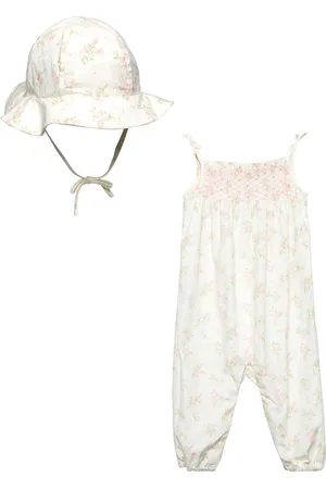 Ralph Lauren Floral Smocked Jumpsuit & Hat Set White