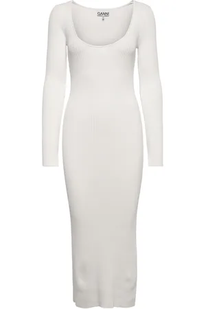 Ganni Long Sleeve Low Roundneck Slim Dress White