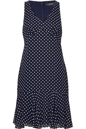 Ralph Lauren Polka-Dot Chiffon Sleeveless Dress Blue