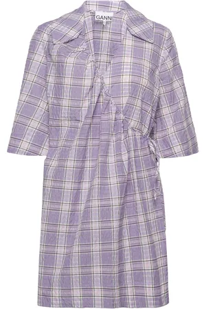 Ganni Seersucker Check Mini Wrap Dress Purple