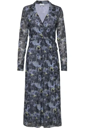 Ganni Printed Mesh Wrap Dress Blue