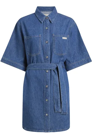 Calvin Klein Linen Boxy Belted Shirt Dress Blue