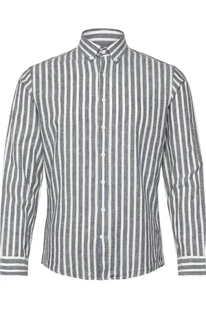 Lindbergh Wide Striped Cotton/Linen Shirt L/S Navy