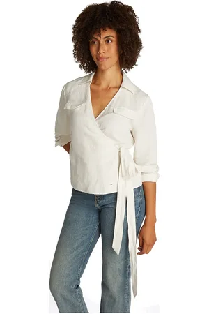 Tommy Hilfiger Textured Linen Wrap Blouse White