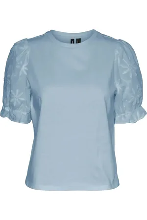 VERO MODA Vmsenna Ss Emb Sleeve Top Jrs Blue