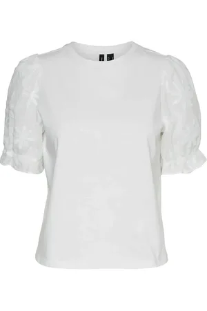VERO MODA Vmsenna Ss Emb Sleeve Top Jrs White