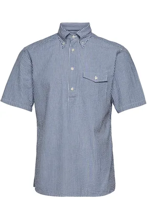 Eton Navy Striped Seersucker Short Sleeve Popover Shirt
