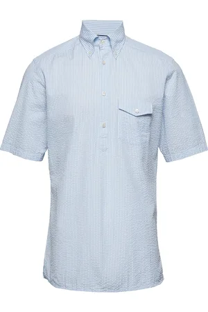 Eton Navy Striped Seersucker Short Sleeve Popover Shirt