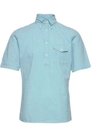 Eton Navy Striped Seersucker Short Sleeve Popover Shirt
