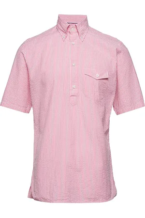 Eton Navy Striped Seersucker Short Sleeve Popover Shirt Pink