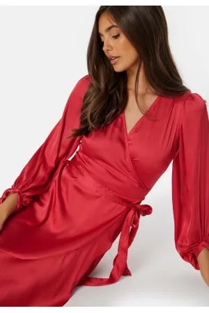 BUBBLEROOM Wrap Frill L/S Satin Dress S