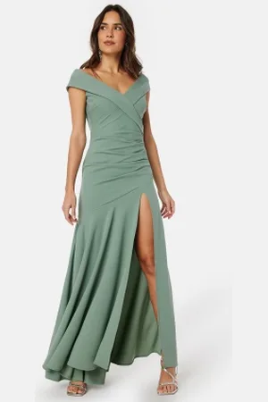Goddiva Bardot Pleat Maxi Split Dress XXS (UK6)