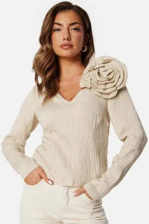 VILA Viflowery Short L/S V-Neck Top Cement 34