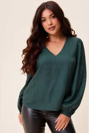 Happy Holly V-neck Puff Sleeve Viscose Blouse Dusty green/Patterned 32/34
