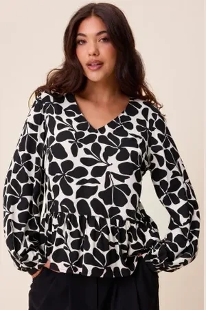Happy Holly V-neck Peplum Viscose Blouse Black/Patterned 32/34