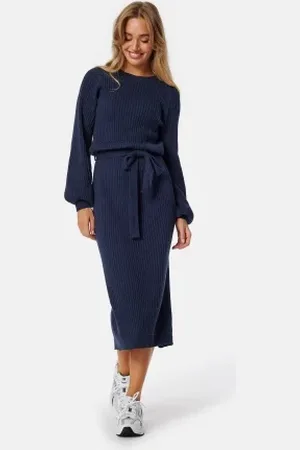 BUBBLEROOM Round Neck Rib Knitted Midi Dress XS