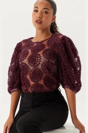 BUBBLEROOM 3D Flower Puff Sleeve Blouse Wine-red XS
