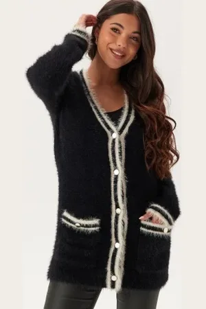Happy Holly Contrast Fluffy Knitted Cardigan Black 32/34