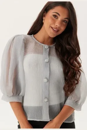 BUBBLEROOM Puff Sleeve Organza Blouse Silver L