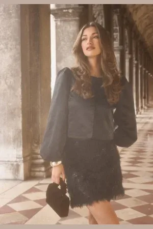 BUBBLEROOM Round Neck Puff Sleeve Blouse Black XS