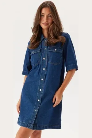 ONLY Onlbelle S/S BUTTON DRESS DNM Dark Blue Denim XS
