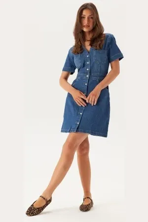 ONLY Onlmelanie S/S FITTED DRESS DN Medium Blue Denim M