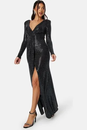 Goddiva Long Sleeve Sequin Maxi Dress With Split S (UK10)