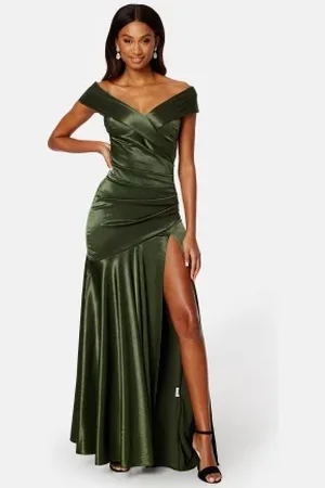 Goddiva Satin Bardot Pleat Maxi With Split XL (UK16)