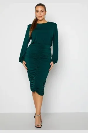John Zack Long Sleeve Rouched Midi Dress 52 (UK24)