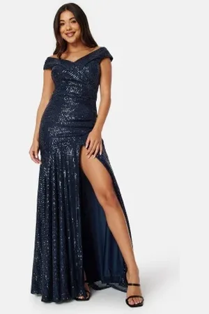 Goddiva Sequin Bardot Pleat Maxi With Split S (UK10)